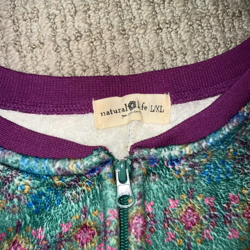 Natural Life Fleece Jumpsuit Womens‎ L/XL Purple Multi Excellent Zip Pajamas